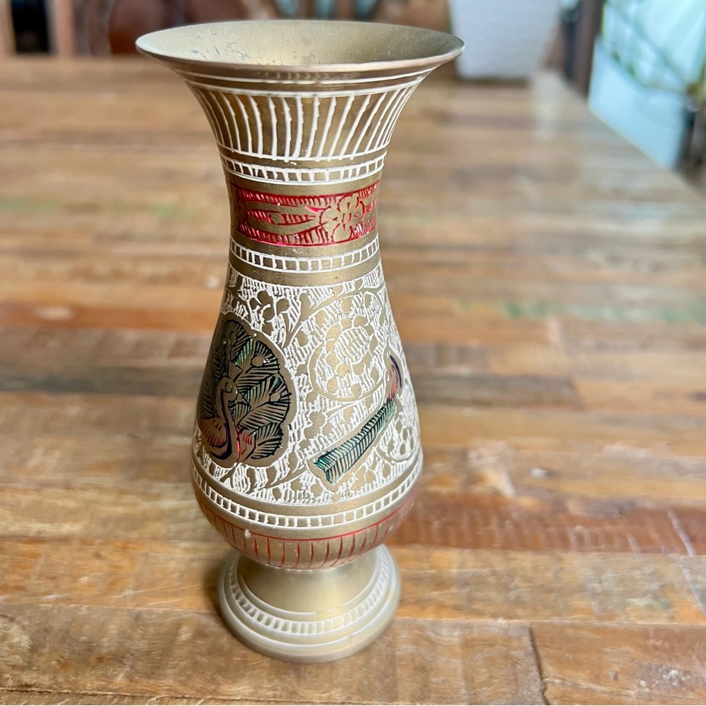Vintage Indian Brass Vase with Etching and Painted Design - Picture 2 of 8